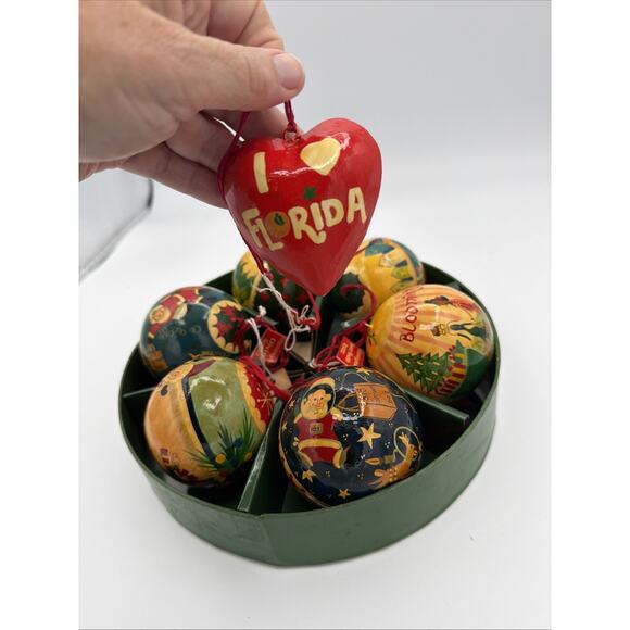Vintage Bloomingdales Florida Christmas Ornament Balls Paper Mache Set of 7 New - Picture 14 of 16